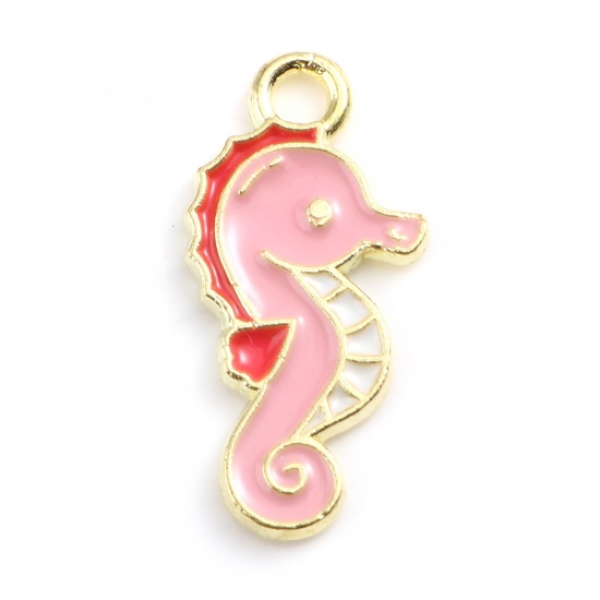 Picture of Zinc Based Alloy Ocean Jewelry Charms Seahorse Animal Gold Plated Pink Enamel 20mm x 10mm, 20 PCs