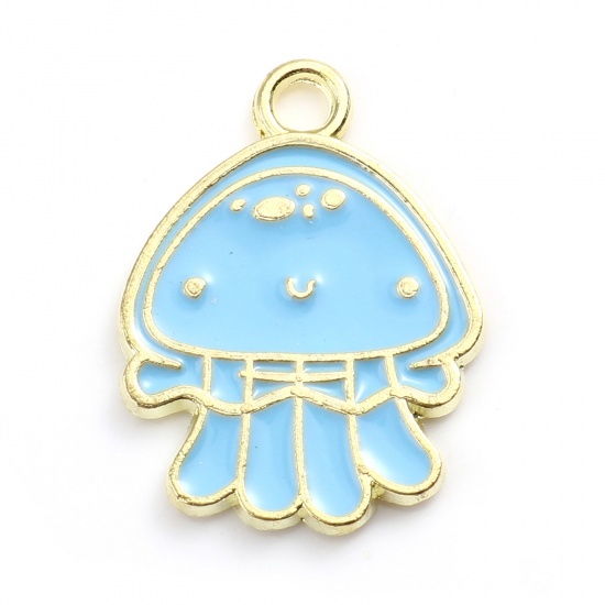 Picture of Zinc Based Alloy Ocean Jewelry Charms Jellyfish Gold Plated Light Blue Enamel 20mm x 15mm, 20 PCs