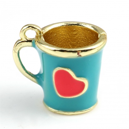Bild von Zinklegierung Valentinstag Charms Tasse Vergoldet Cyan Herz Emaille 14mm x 13mm, 2 Stück