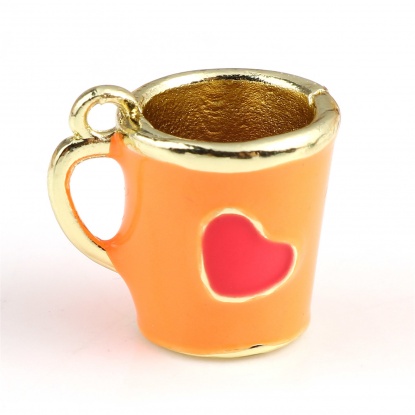 Bild von Zinklegierung Valentinstag Charms Tasse Vergoldet Fluoreszierend Orange Herz Emaille 14mm x 13mm, 2 Stück