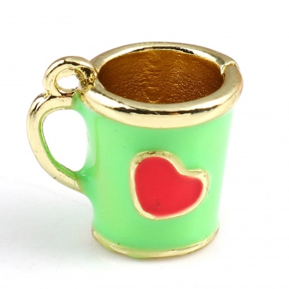 Picture of Zinc Based Alloy Valentine's Day Charms Cup Gold Plated Green Heart Enamel 14mm x 13mm, 2 PCs