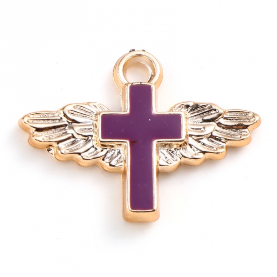 CCB プラスチック 宗教 チャーム クロス ローズゴールド 紫 エナメル 翼柄 29mm x 22mm、 10 個 の画像