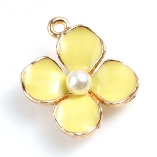 Picture of Zinc Based Alloy & Acrylic Charms Flower Gold Plated Yellow Enamel Imitation Pearl 17mm x 14mm, 10 PCs