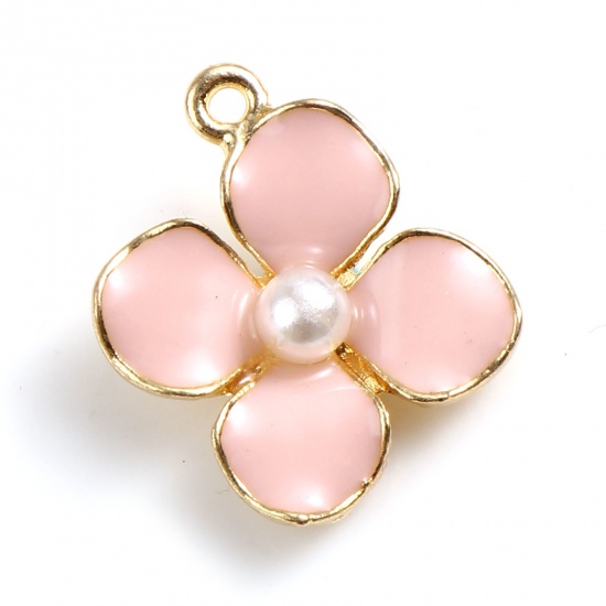 Picture of Zinc Based Alloy & Acrylic Charms Flower Gold Plated Peach Pink Enamel Imitation Pearl 17mm x 14mm, 10 PCs