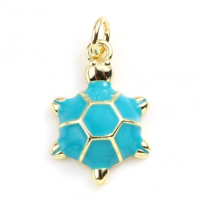Picture of Copper Ocean Jewelry Charms Gold Plated Cyan Sea Turtle Animal Enamel 22mm x 12mm, 2 PCs