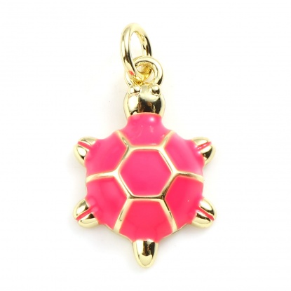 Picture of Copper Ocean Jewelry Charms Gold Plated Fuchsia Sea Turtle Animal Enamel 22mm x 12mm, 2 PCs