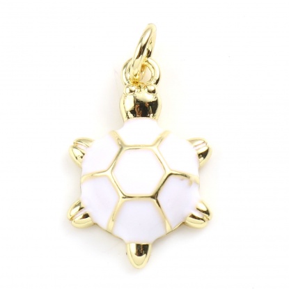 Picture of Copper Ocean Jewelry Charms Gold Plated White Sea Turtle Animal Enamel 22mm x 12mm, 2 PCs