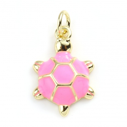 Picture of Copper Ocean Jewelry Charms Gold Plated Pink Sea Turtle Animal Enamel 22mm x 12mm, 2 PCs