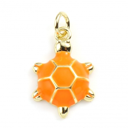 Picture of Copper Ocean Jewelry Charms Gold Plated Orange Sea Turtle Animal Enamel 22mm x 12mm, 2 PCs