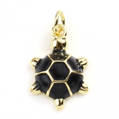 Picture of Copper Ocean Jewelry Charms Gold Plated Black Sea Turtle Animal Enamel 22mm x 12mm, 2 PCs