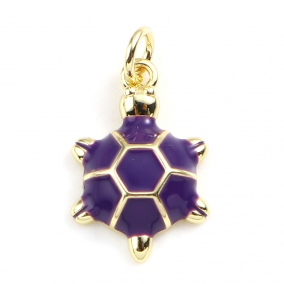 Picture of Copper Ocean Jewelry Charms Gold Plated Purple Sea Turtle Animal Enamel 22mm x 12mm, 2 PCs