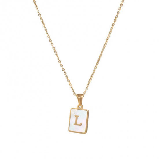 Immagine di Acciaio Inossidabile & Conchiglia Collana 18K Oro riempito Bianco Rettangolo Lettera Maiuscola Lettere " L " 45cm Lunghezza, 1 Pz