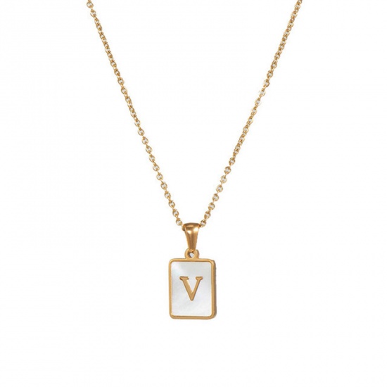 Immagine di Acciaio Inossidabile & Conchiglia Collana 18K Oro riempito Bianco Rettangolo Lettera Maiuscola Lettere " V " 45cm Lunghezza, 1 Pz