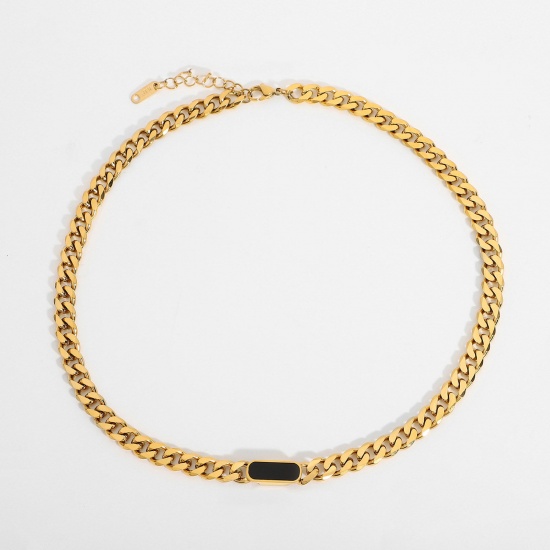 Bild von Umweltfreundlich Einfach und lässig Exquisit 18K Vergoldet Schwarz Edelstahl & Acryl Kubanische Gliederkette Oval Halskette Für Frauen 42cm lang, 1 Strang