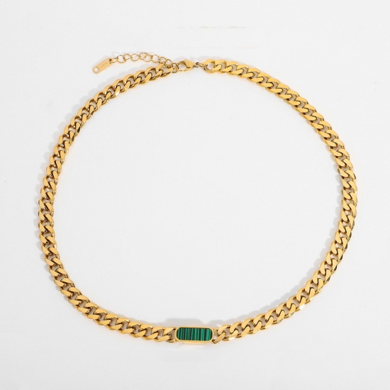 Bild von Umweltfreundlich Einfach und lässig Exquisit 18K Vergoldet Grün Edelstahl & Acryl Kubanische Gliederkette Oval Halskette Für Frauen 42cm lang, 1 Strang