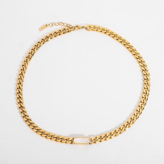 Bild von Umweltfreundlich Einfach und lässig Exquisit 18K Vergoldet Weiß Edelstahl & Acryl Kubanische Gliederkette Oval Halskette Für Frauen 42cm lang, 1 Strang