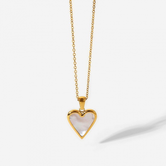 Immagine di Acciaio Inossidabile & Conchiglia San Valentino Collana 18K Oro riempito Bianco Cuore 45cm Lunghezza, 1 Pz