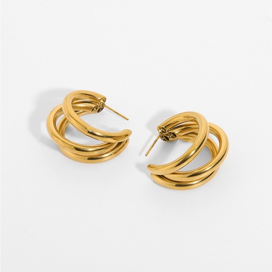 Immagine di Ecologico Semplice & Casual Stile Ins 18K Oro riempito 304 Acciaio Inossidabile forma di C orecchino cerchio Per Donne 22mm x 20mm, 1 Paio