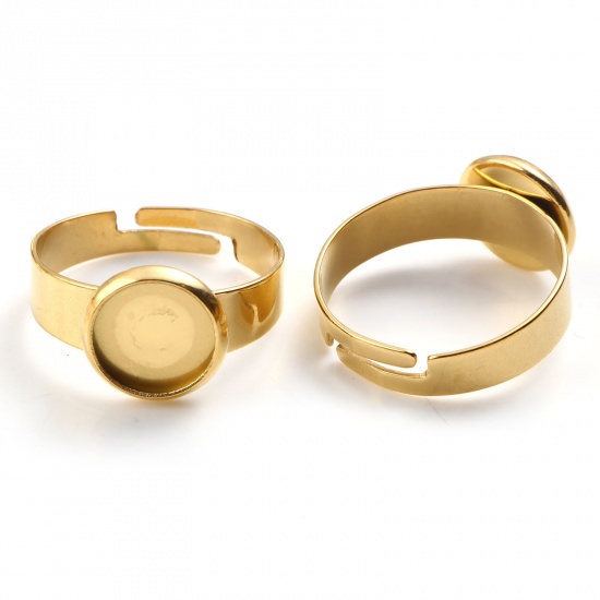 Bild von 304 Edelstahl Offen Verstellbar Ring Vergoldet Rund Cabochon Fassung (Für 8mm) 17.3mm（US Größe:7), 1 Stück
