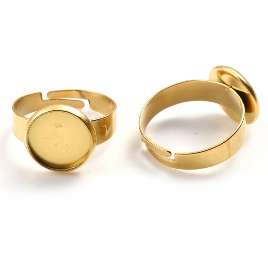 Bild von 304 Edelstahl Offen Verstellbar Ring Vergoldet Rund Cabochon Fassung (Für 10mm) 17.3mm（US Größe:7), 1 Stück