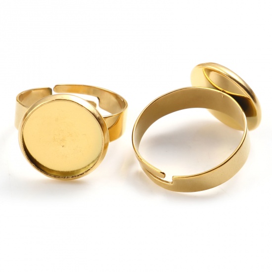 Bild von 304 Edelstahl Offen Verstellbar Ring Vergoldet Rund Cabochon Fassung (Für 12mm) 17.3mm（US Größe:7), 1 Stück