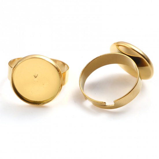 Bild von 304 Edelstahl Offen Verstellbar Ring Vergoldet Rund Cabochon Fassung (Für 14mm) 17.3mm（US Größe:7), 1 Stück