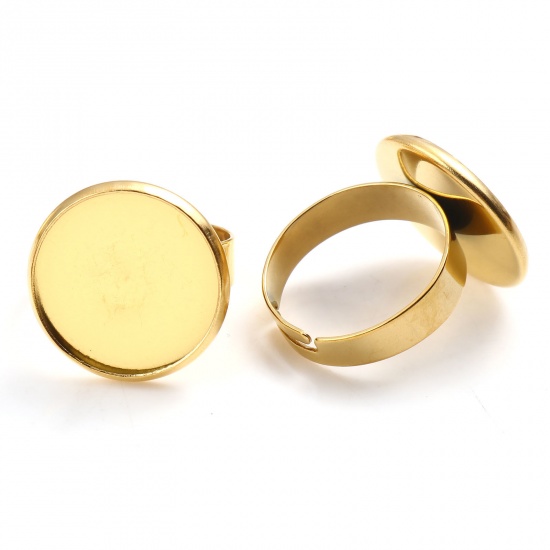 Bild von 304 Edelstahl Offen Verstellbar Ring Vergoldet Rund Cabochon Fassung (Für 16mm) 17.3mm（US Größe:7), 1 Stück