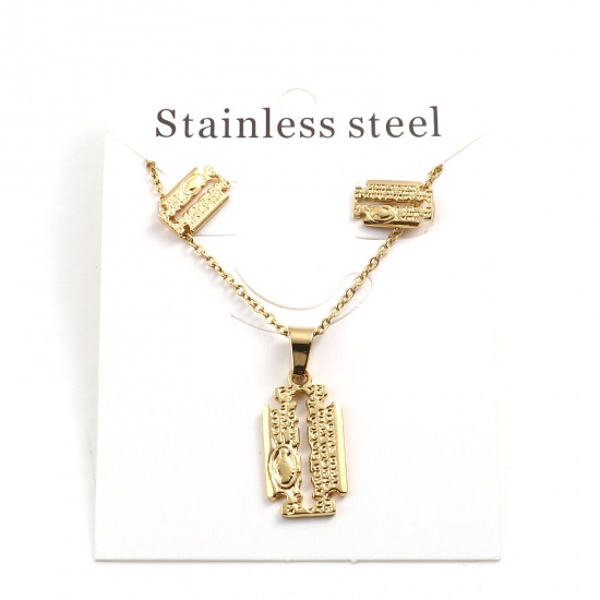 Picture of 201 Stainless Steel Jewelry Necklace Stud Earring Set Gold Plated Razor Blade 45cm(17 6/8") long, 1.2cm x 0.8cm, Post/ Wire Size: (21 gauge), 1 Set ( 2 PCs/Set)