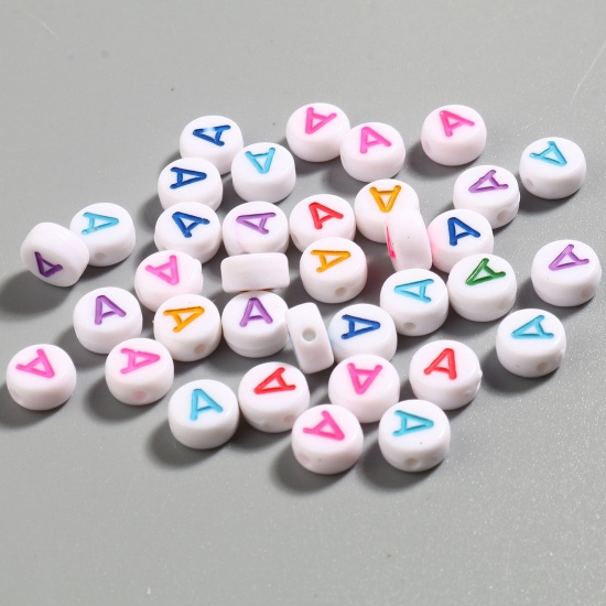 Picture of Acrylic Beads Flat Round At Random Color Initial Alphabet/ Capital Letter Pattern Message " A " About 7mm Dia., Hole: Approx 1.4mm, 500 PCs