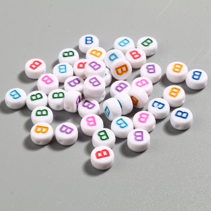 Picture of Acrylic Beads Flat Round At Random Color Initial Alphabet/ Capital Letter Pattern Message " B " About 7mm Dia., Hole: Approx 1.4mm, 500 PCs