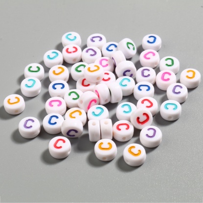 Picture of Acrylic Beads Flat Round At Random Color Initial Alphabet/ Capital Letter Pattern Message " C " About 7mm Dia., Hole: Approx 1.4mm, 500 PCs