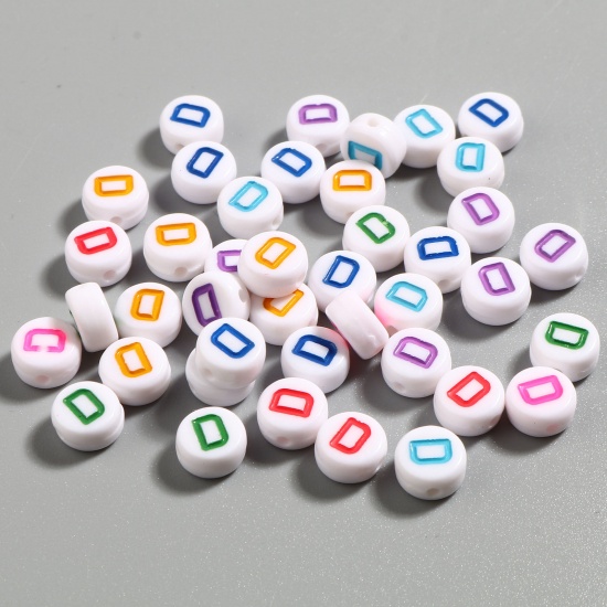 Picture of Acrylic Beads Flat Round At Random Color Initial Alphabet/ Capital Letter Pattern Message " D " About 7mm Dia., Hole: Approx 1.4mm, 500 PCs