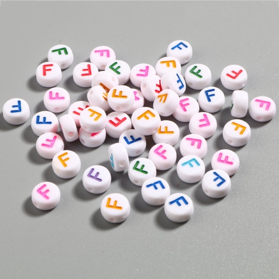 Picture of Acrylic Beads Flat Round At Random Color Initial Alphabet/ Capital Letter Pattern Message " F " About 7mm Dia., Hole: Approx 1.4mm, 500 PCs