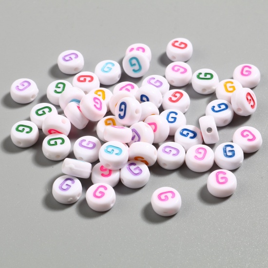 Picture of Acrylic Beads Flat Round At Random Color Initial Alphabet/ Capital Letter Pattern Message " G " About 7mm Dia., Hole: Approx 1.4mm, 500 PCs