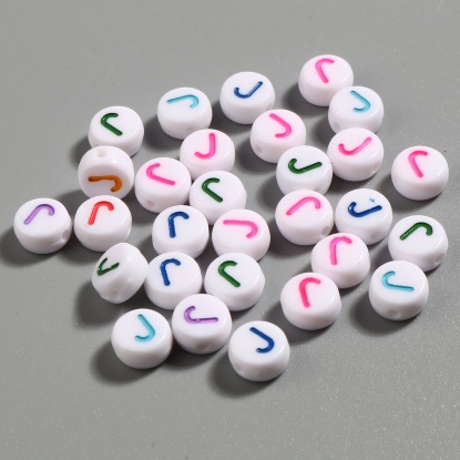 Picture of Acrylic Beads Flat Round At Random Color Initial Alphabet/ Capital Letter Pattern Message " J " About 7mm Dia., Hole: Approx 1.4mm, 500 PCs