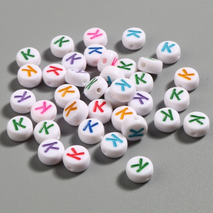 Picture of Acrylic Beads Flat Round At Random Color Initial Alphabet/ Capital Letter Pattern Message " K " About 7mm Dia., Hole: Approx 1.4mm, 500 PCs