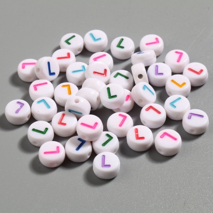 Picture of Acrylic Beads Flat Round At Random Color Initial Alphabet/ Capital Letter Pattern Message " L " About 7mm Dia., Hole: Approx 1.4mm, 500 PCs