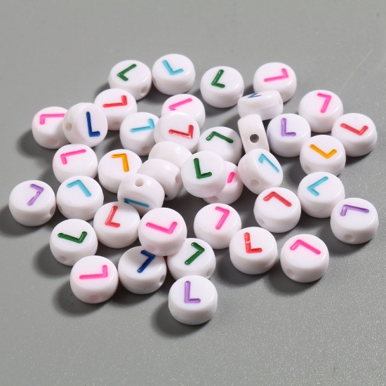 Picture of Acrylic Beads Flat Round At Random Color Initial Alphabet/ Capital Letter Pattern Message " L " About 7mm Dia., Hole: Approx 1.4mm, 500 PCs