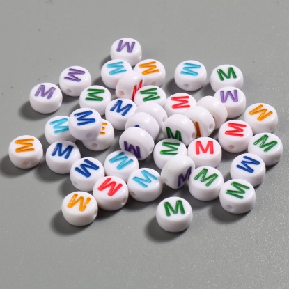 Picture of Acrylic Beads Flat Round At Random Color Initial Alphabet/ Capital Letter Pattern Message " M " About 7mm Dia., Hole: Approx 1.4mm, 500 PCs