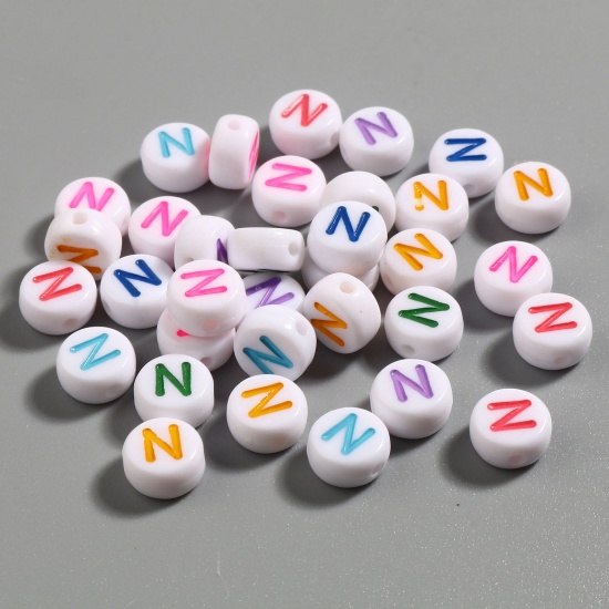 Picture of Acrylic Beads Flat Round At Random Color Initial Alphabet/ Capital Letter Pattern Message " N " About 7mm Dia., Hole: Approx 1.4mm, 500 PCs