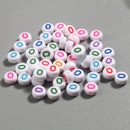Picture of Acrylic Beads Flat Round At Random Color Initial Alphabet/ Capital Letter Pattern Message " O " About 7mm Dia., Hole: Approx 1.4mm, 500 PCs