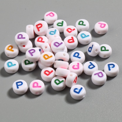 Picture of Acrylic Beads Flat Round At Random Color Initial Alphabet/ Capital Letter Pattern Message " P " About 7mm Dia., Hole: Approx 1.4mm, 500 PCs