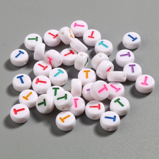Picture of Acrylic Beads Flat Round At Random Color Initial Alphabet/ Capital Letter Pattern Message " T " About 7mm Dia., Hole: Approx 1.4mm, 500 PCs