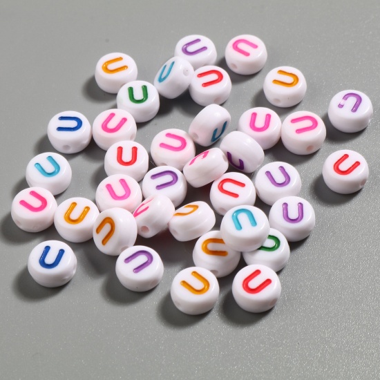Picture of Acrylic Beads Flat Round At Random Color Initial Alphabet/ Capital Letter Pattern Message " U " About 7mm Dia., Hole: Approx 1.4mm, 500 PCs