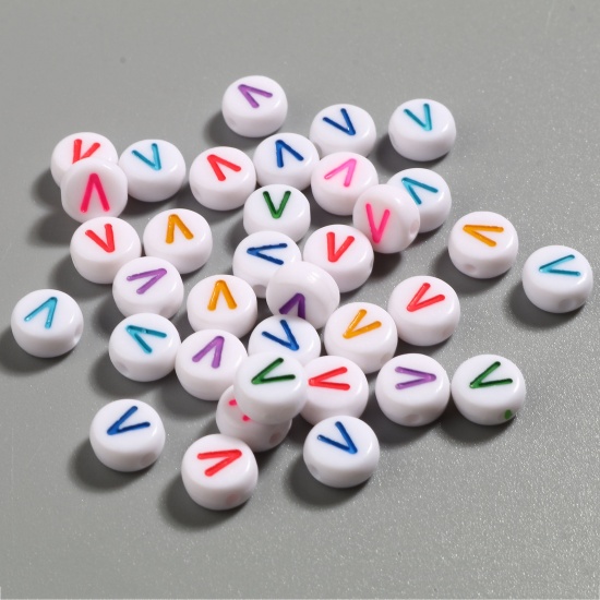 Picture of Acrylic Beads Flat Round At Random Color Initial Alphabet/ Capital Letter Pattern Message " V " About 7mm Dia., Hole: Approx 1.4mm, 500 PCs
