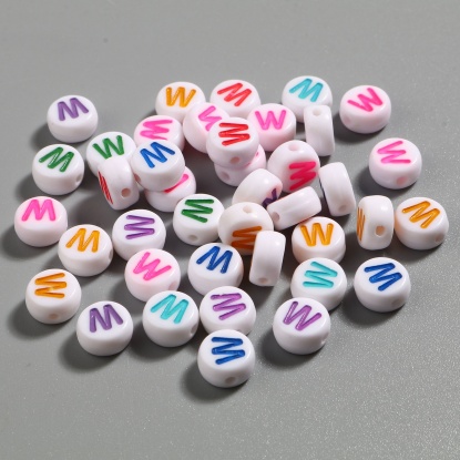 Picture of Acrylic Beads Flat Round At Random Color Initial Alphabet/ Capital Letter Pattern Message " W " About 7mm Dia., Hole: Approx 1.4mm, 500 PCs