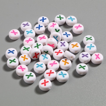 Picture of Acrylic Beads Flat Round At Random Color Initial Alphabet/ Capital Letter Pattern Message " X " About 7mm Dia., Hole: Approx 1.4mm, 500 PCs