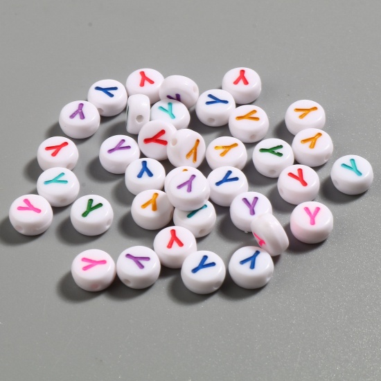 Picture of Acrylic Beads Flat Round At Random Color Initial Alphabet/ Capital Letter Pattern Message " Y " About 7mm Dia., Hole: Approx 1.4mm, 500 PCs