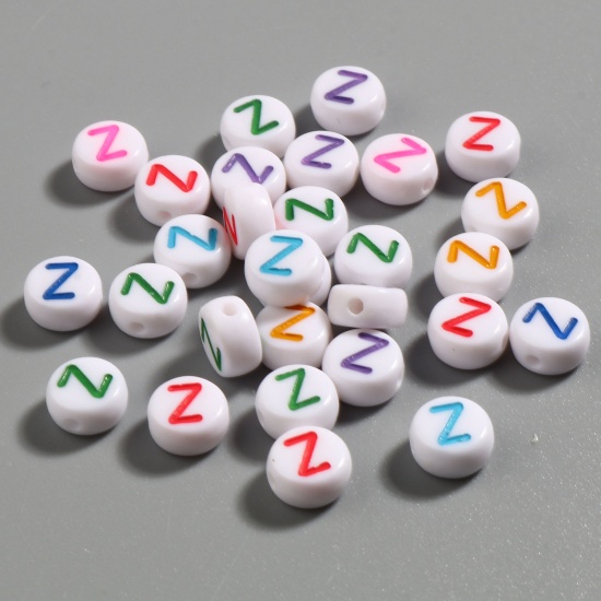 Picture of Acrylic Beads Flat Round At Random Color Initial Alphabet/ Capital Letter Pattern Message " Z " About 7mm Dia., Hole: Approx 1.4mm, 500 PCs