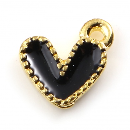 Picture of Zinc Based Alloy Valentine's Day Charms Heart Gold Plated Black Enamel 10mm x 9mm, 20 PCs